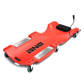 DNA Motoring front view of red 40 inch creeper showing low-profile deck and padded headrest for comfortable access