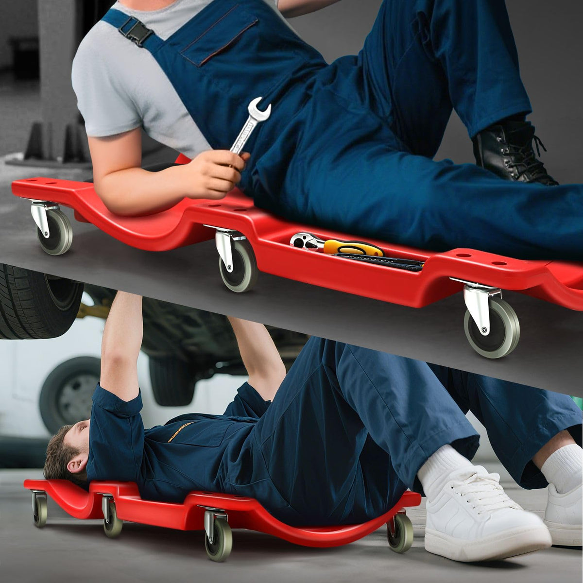 DNA MOTORING creeper in use under car demonstrating tool access and ergonomic positioning
