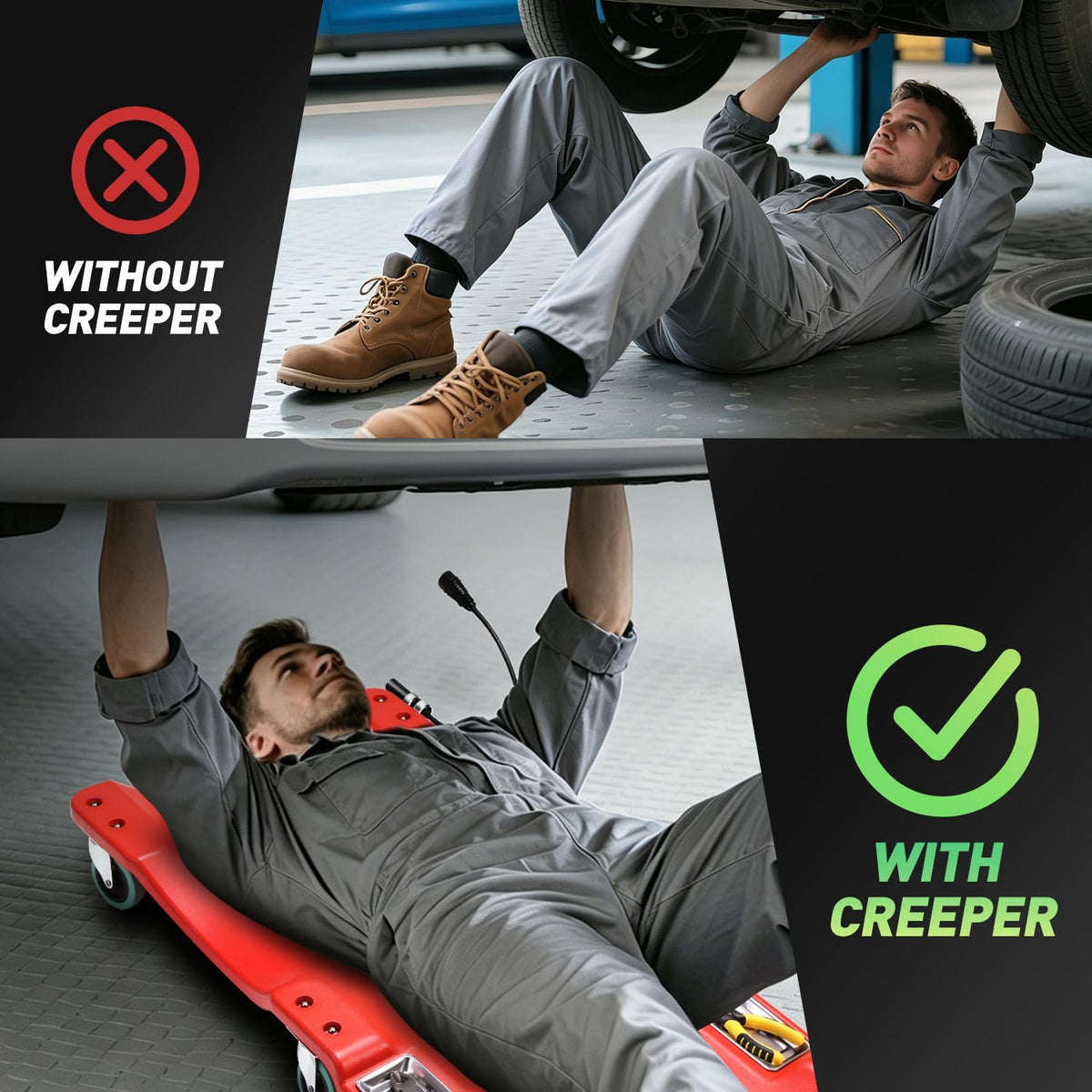 DNA Motoring in a garage lifestyle shot with technician using creeper to access undercarriage efficiently