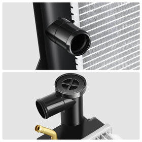 DNA Motoring radiator inlet and outlet ports showing 1-3/8" hose compatibility