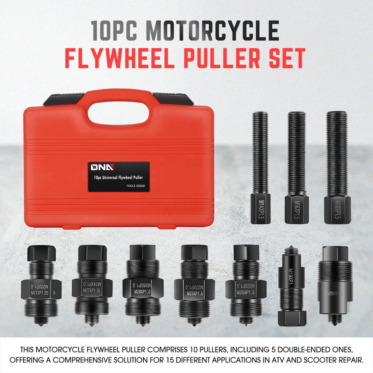 DNA MOTORING double-ended puller detail illustrating dual-size versatility for varied jobs