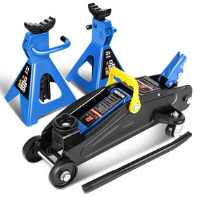 DNA Motoring floor jack front view showing blue finish and capacity