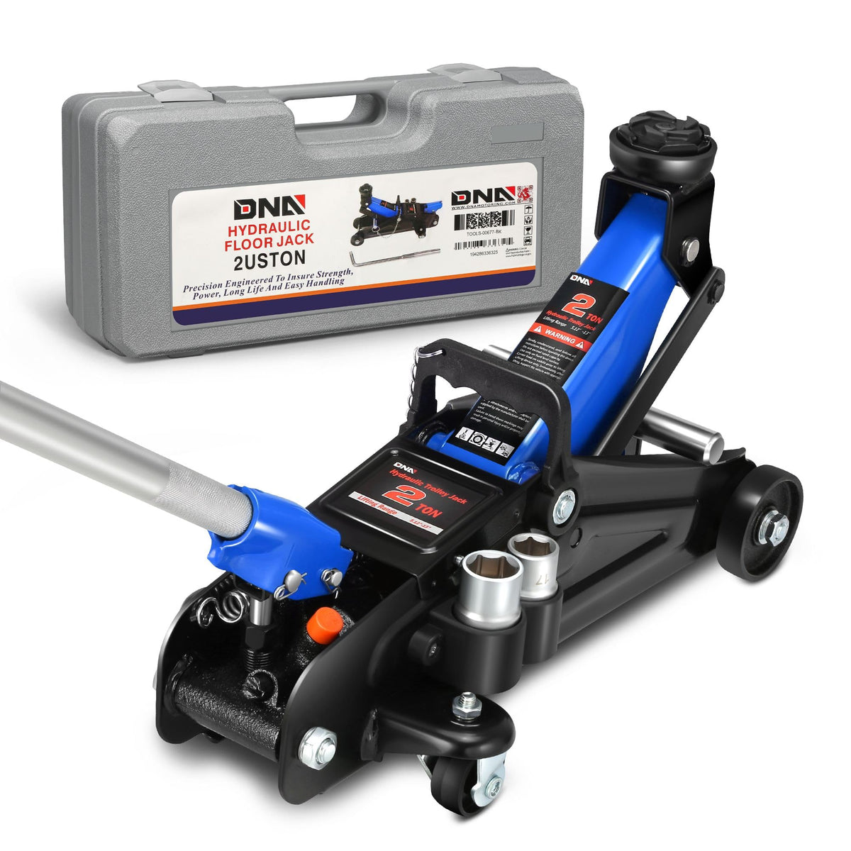 DNA MOToring front view of blue floor jack showing compact profile and portability benefit