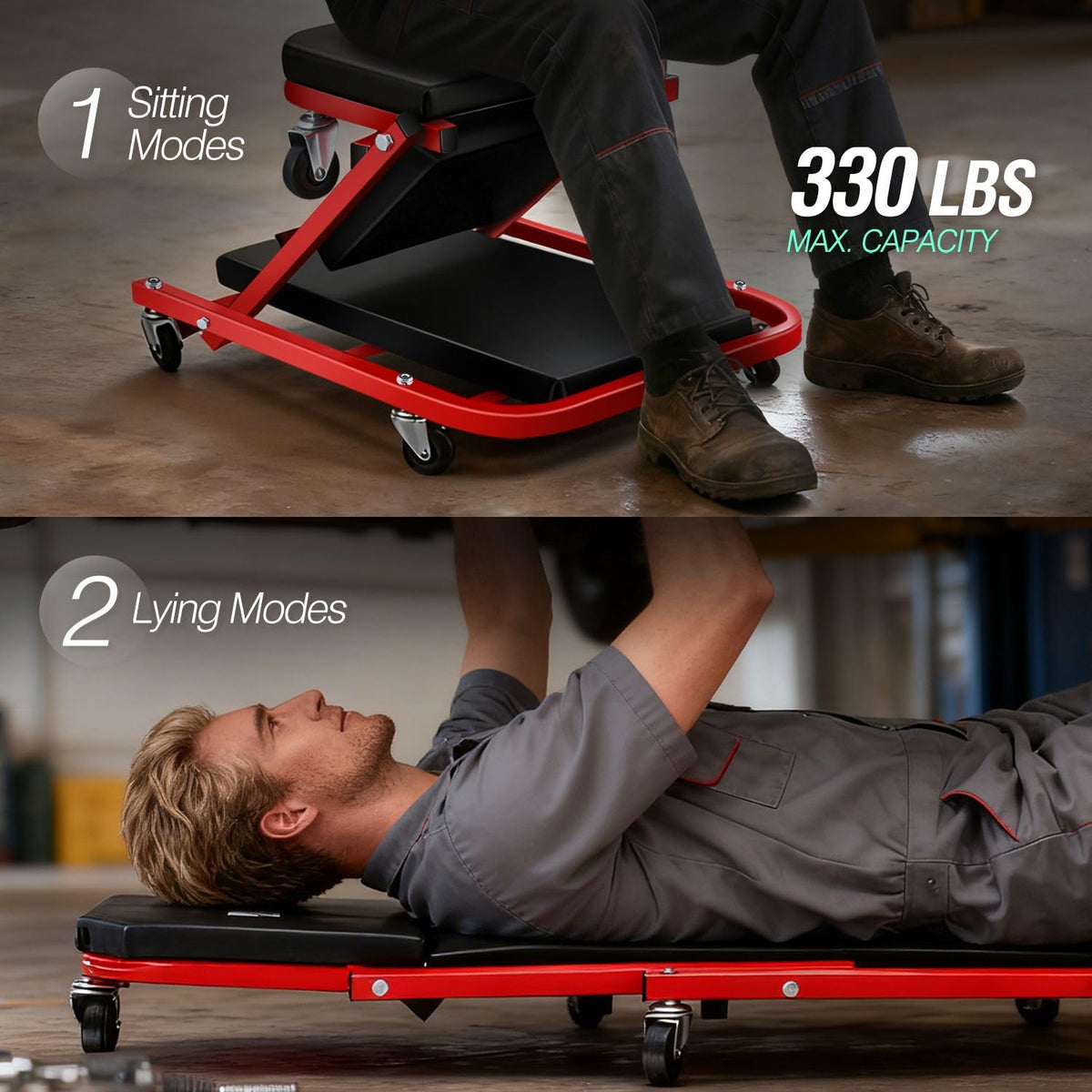 DNA MOTORING folded conversion showing quick flip from creeper to rolling seat