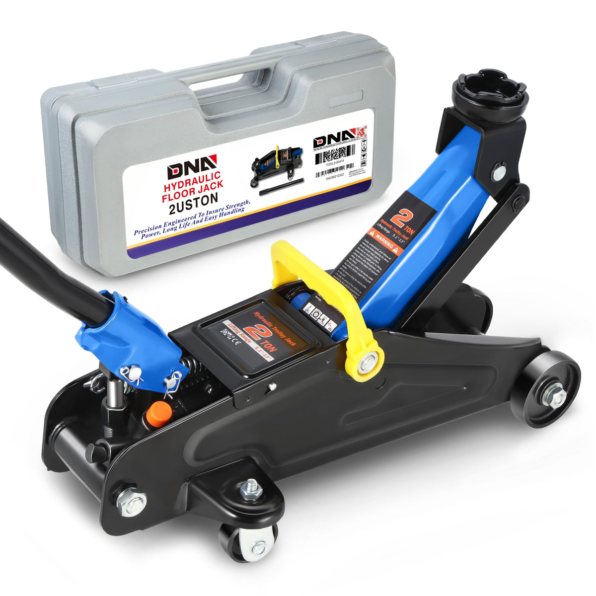 DNA Motoring front view of blue 2-ton trolley jack showing compact profile and stability