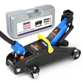 DNA Motoring front view of blue 2-ton trolley jack showing compact profile and stability
