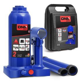 DNA MOTORING front view of blue bottle jack showing compact design and sturdy build