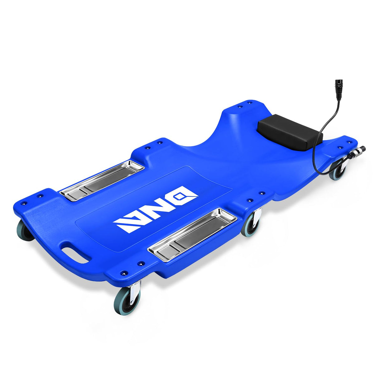 DNA Motoring front view of creeper showing low-profile deck and blue finish for easy access