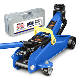 DNA Motoring front view of blue trolley jack showing overall design and portability