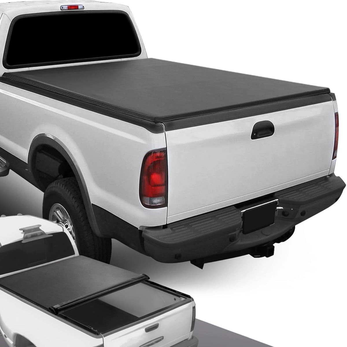 DNA MOTORING front view of tonneau cover packaged and boxed showing fitment details