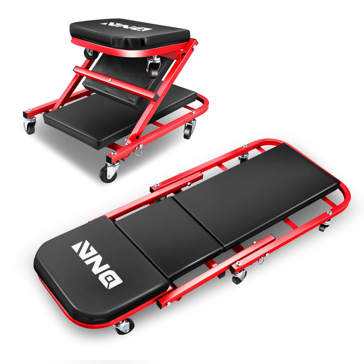 DNA MOTORING front view showing full creeper seat and red frame for easy visibility