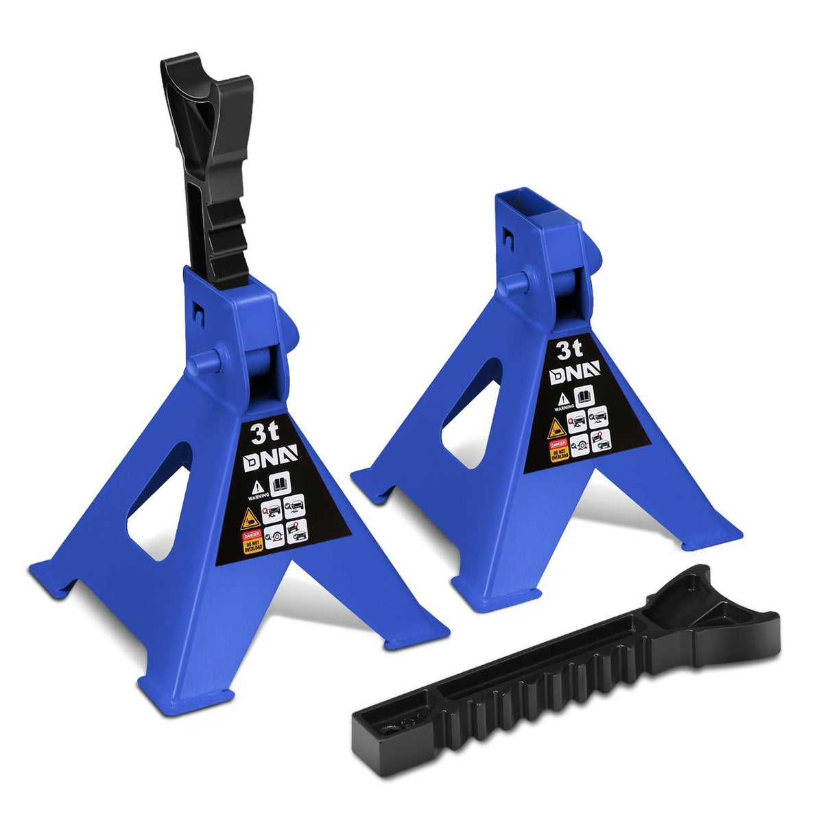 DNA MOTORING front view of two 3 ton jack stands showing stable base benefit