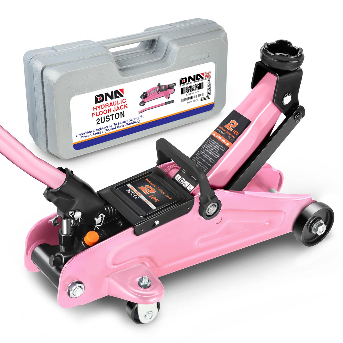 DNA Motoring front view of pink floor jack showing sturdy frame and quick positioning benefit
