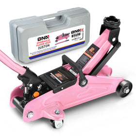 DNA Motoring front view of pink floor jack showing sturdy frame and quick positioning benefit