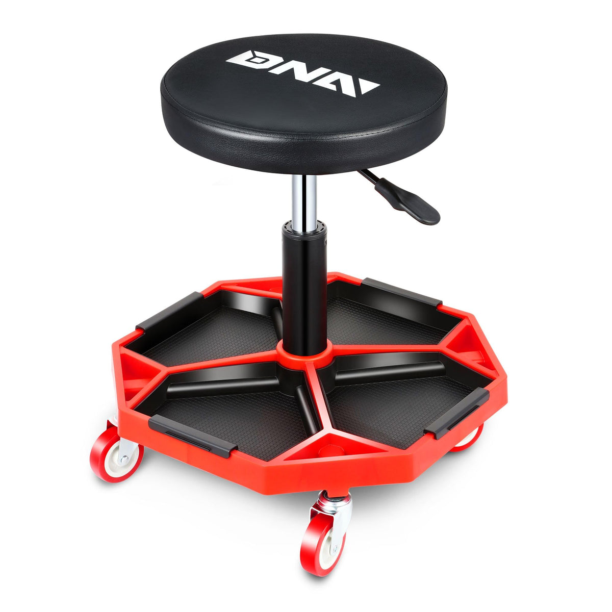 DNA MOTORING front view of rolling mechanic stool showing seat and base, improves posture