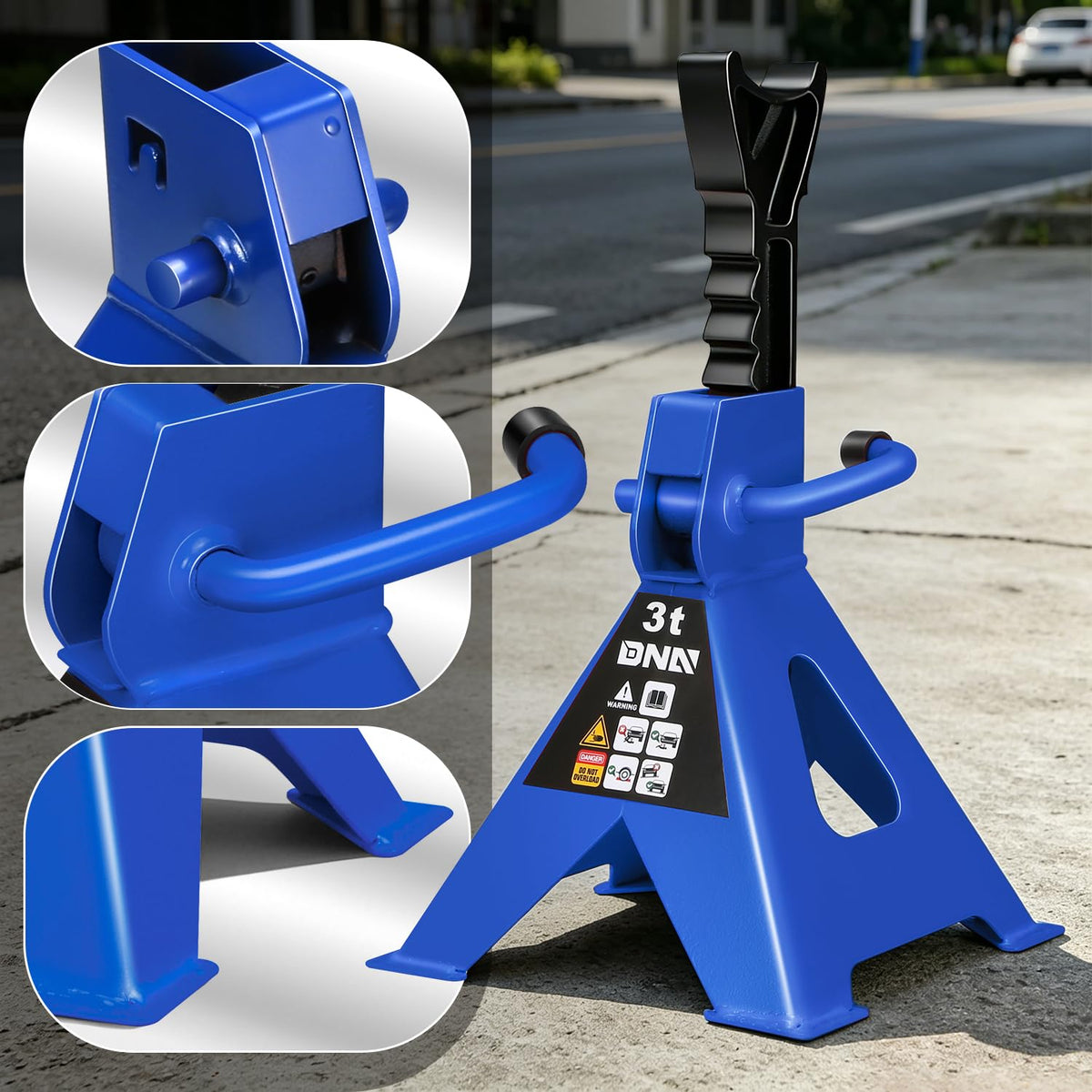 DNA MOTORING pair supporting a sedan showing safe hands-free undercar access benefit