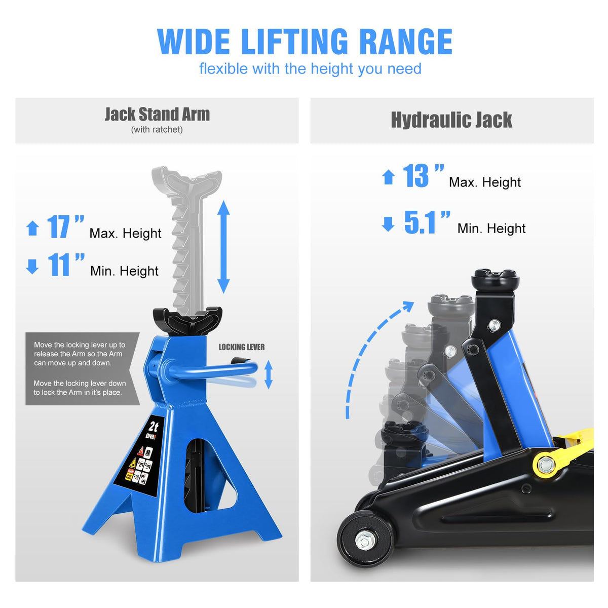 DNA Motoring ratchet jack stands fully extended offering secure support