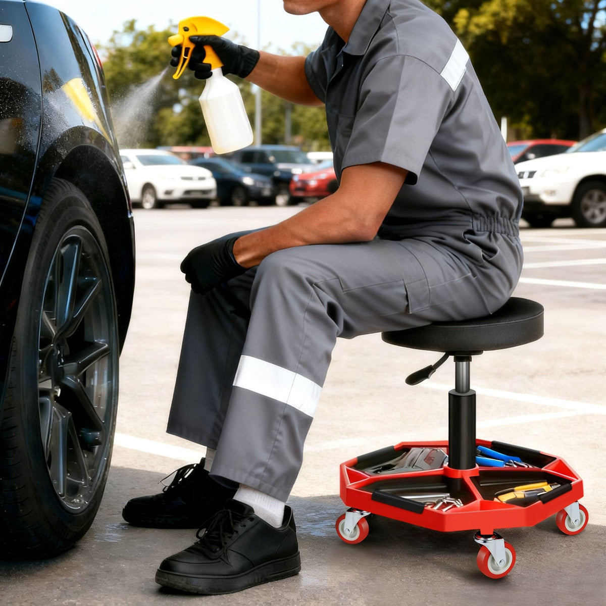 DNA MOTORING mechanic stool in garage setting, speeds workflow and tool access