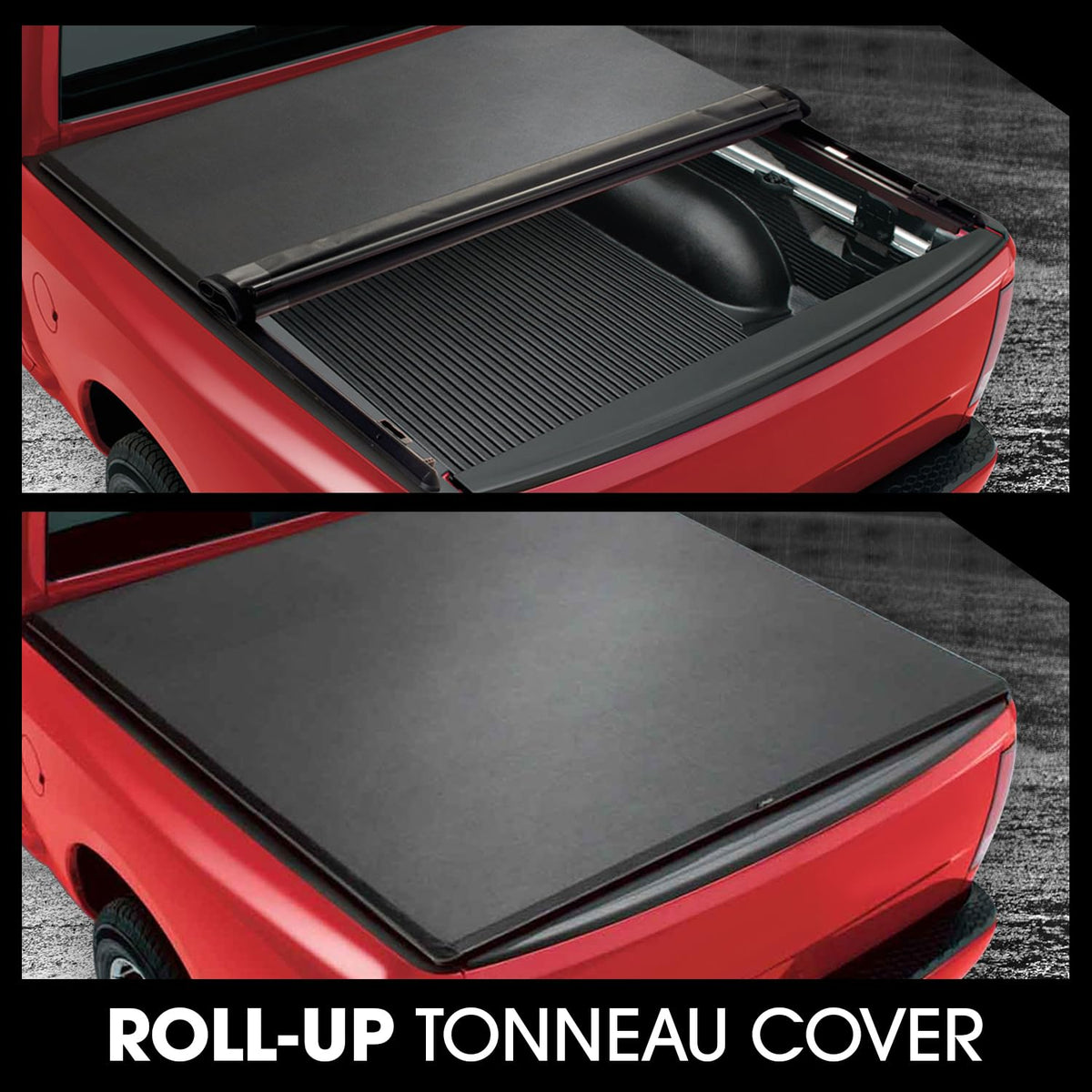 DNA MOTORING rolled-up cover stowed with elastic straps showing quick bed access