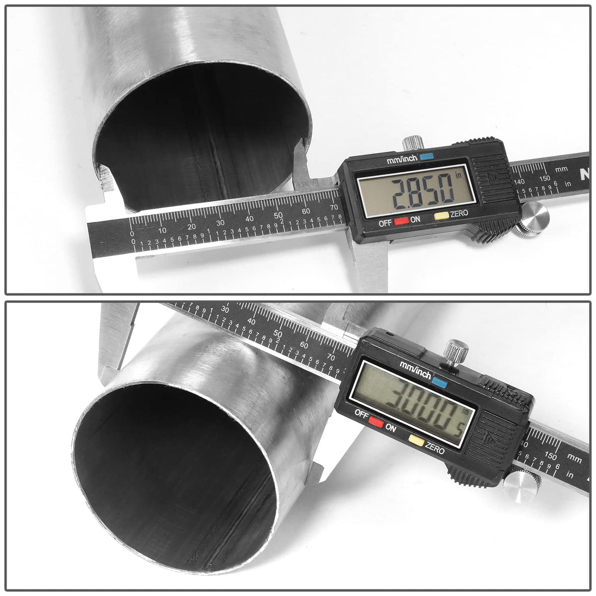 DNA MOTORING pipes next to ruler showing 3.0 inch diameter and scale for planning