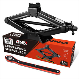DNA Motoring front view of 1.5 ton scissor jack showing sturdy frame and benefit of reliable lifting