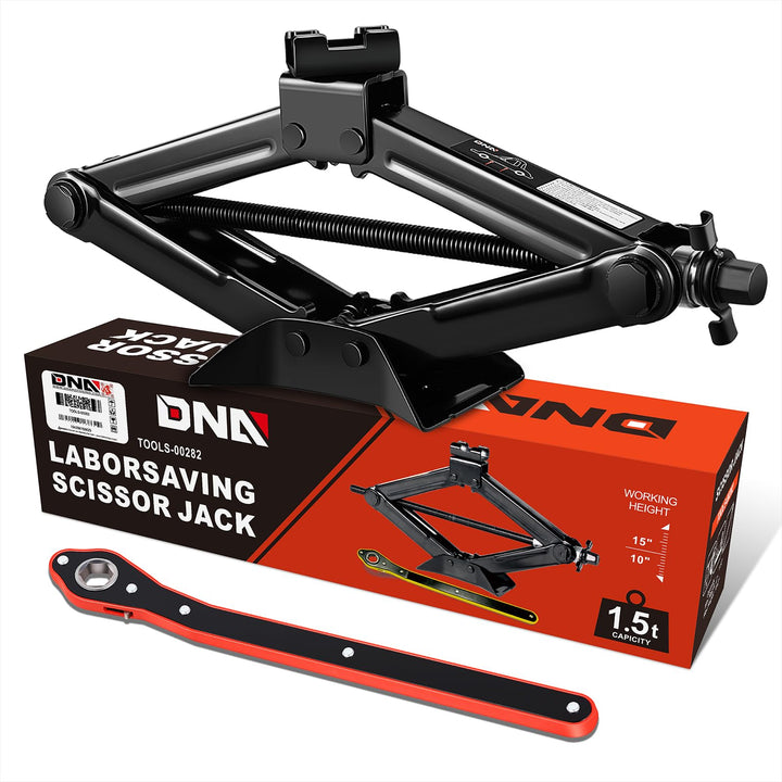 DNA Motoring front view of 1.5 ton scissor jack showing sturdy frame and benefit of reliable lifting