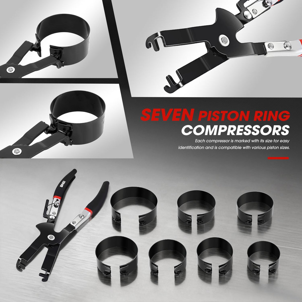 DNA MOTORING seven compressors aligned labeled for easy size selection