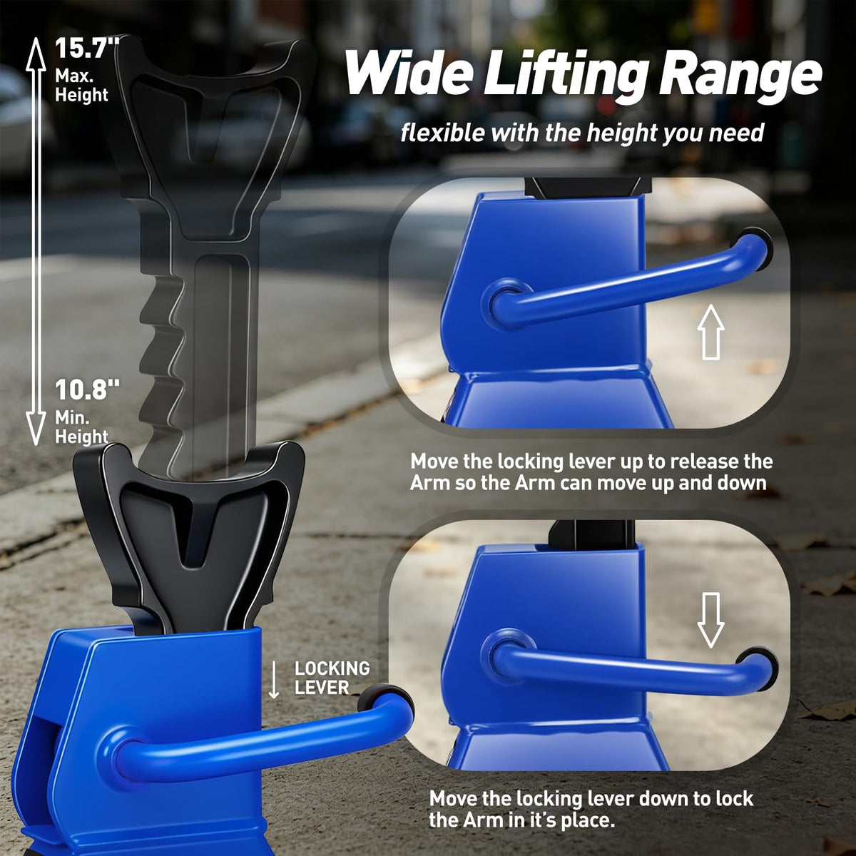 DNA MOTORING side profile with measurement showing adjustable 10.8–15.7in range benefit