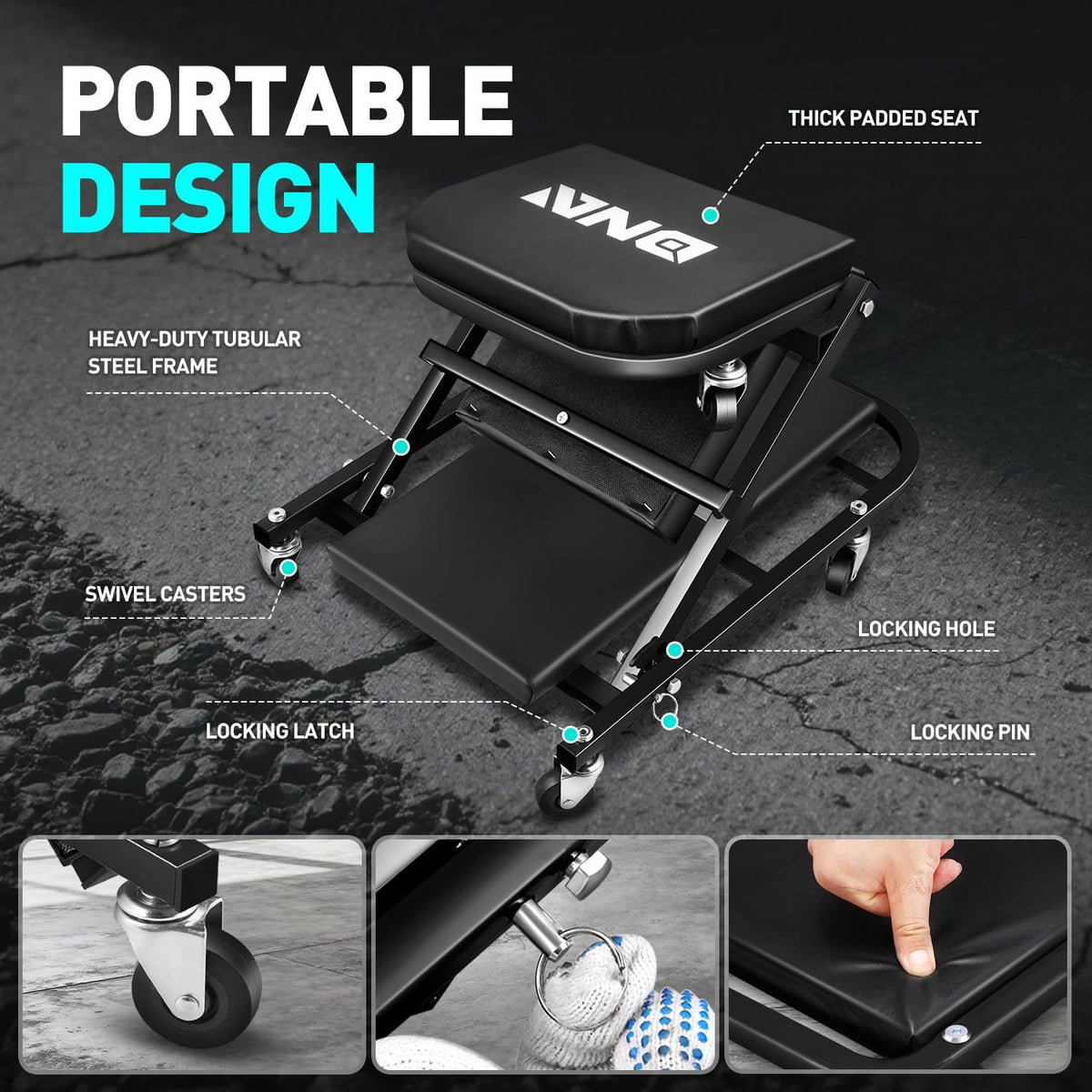 DNA MOTORING side profile lay-flat creeper for low undercarriage access