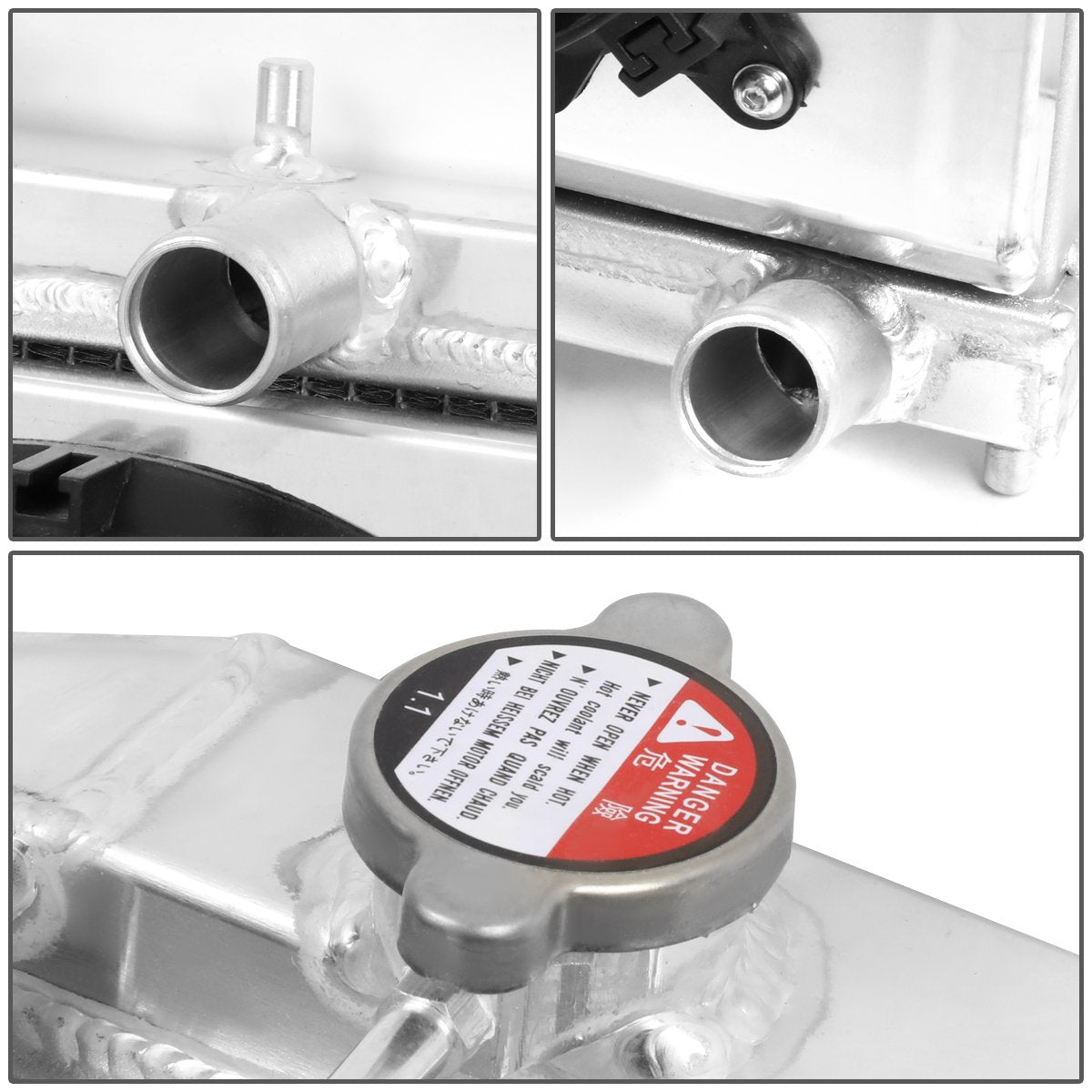 DNA MOTORING radiator next to ruler showing compact dimensions for easy OEM replacement