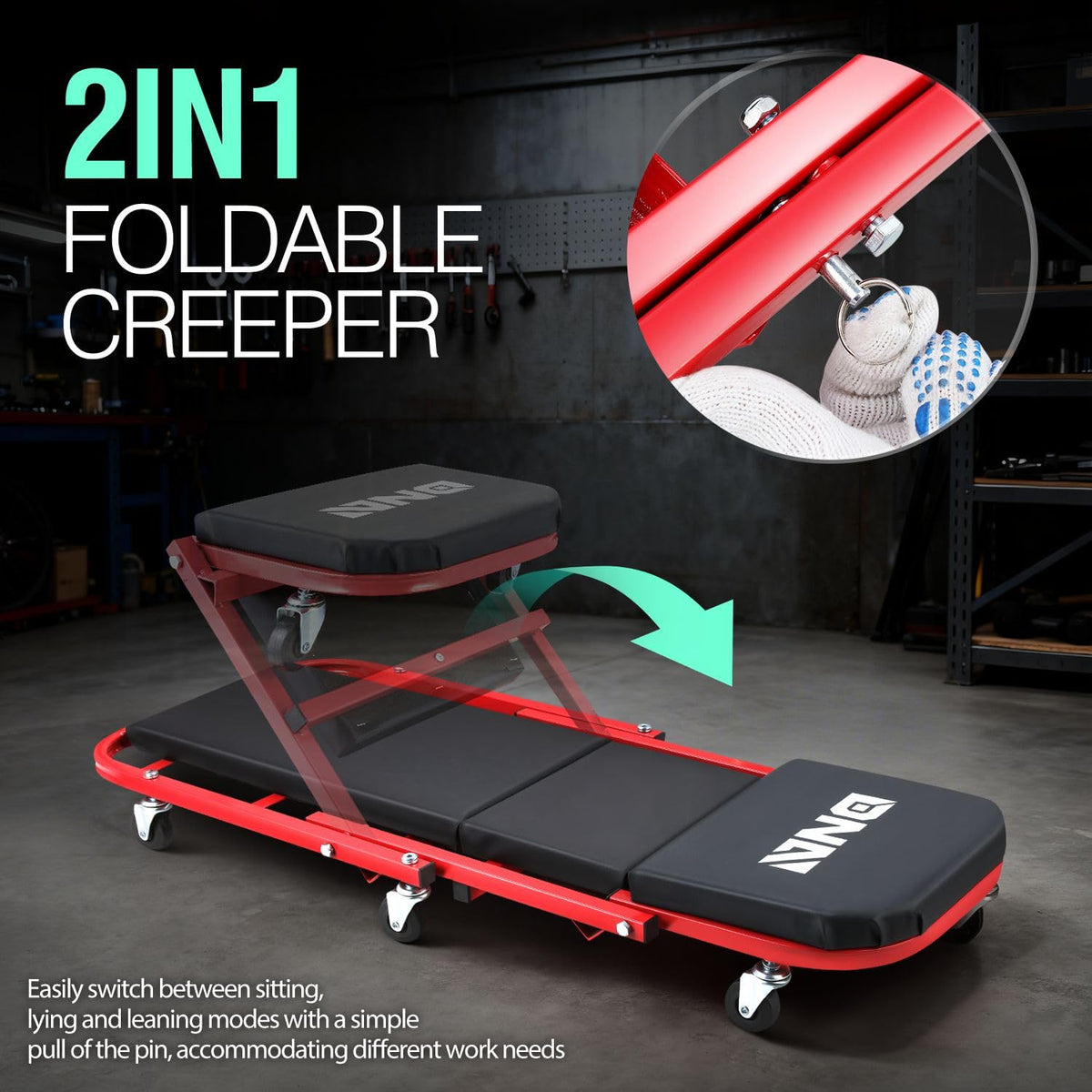 DNA MOTORING padded cushion close-up demonstrating comfort and support for long jobs