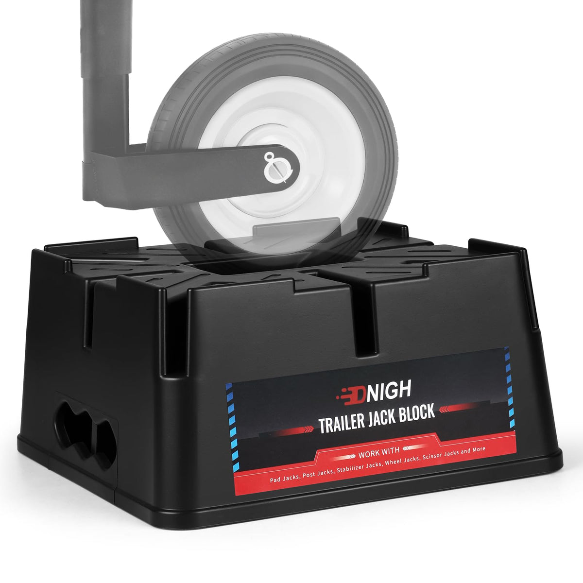 Dnigh front packaging and block showing durable base and portability benefit