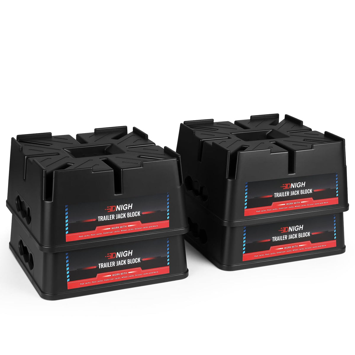 Dnigh front view of four-pack showing durable jack blocks and convenience