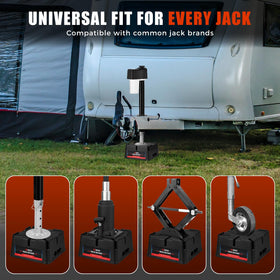 Dnigh blocks placed front and back of RV providing campsite stabilization