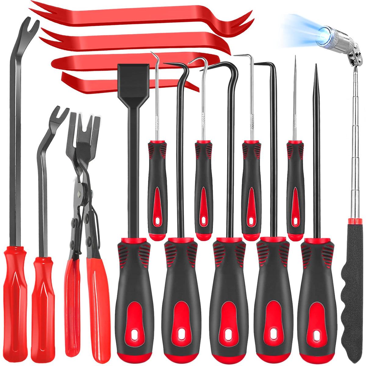 DOAHO front view of red 17-piece kit showing organized tools and pouch for convenience