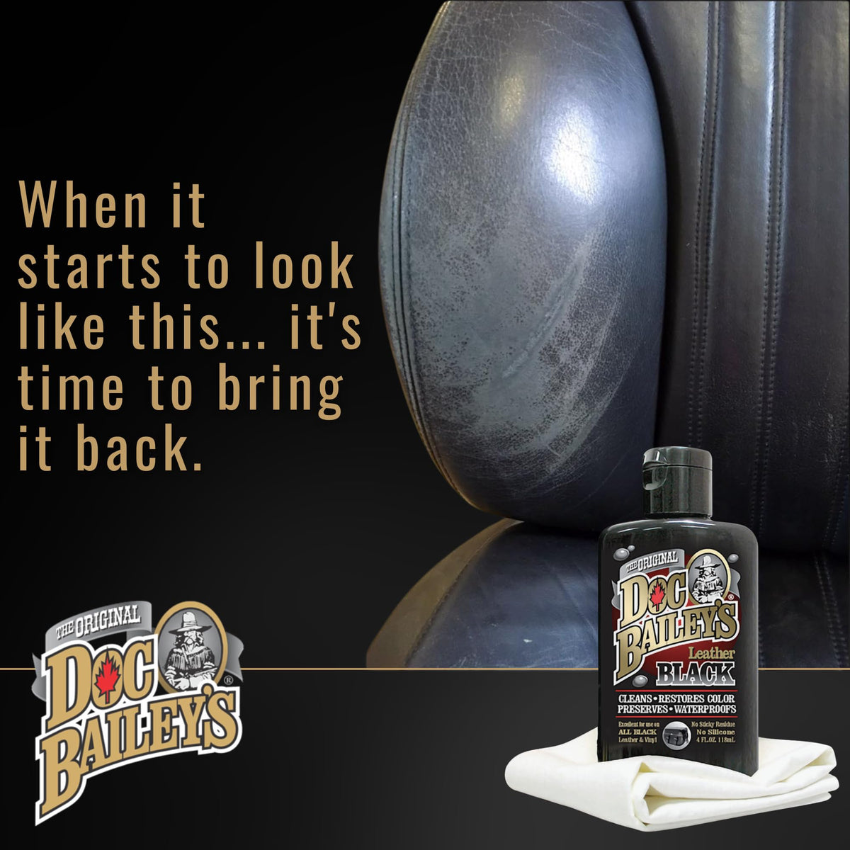 Doc Baileys bottle, sponge applicator and buff cloth ready to use