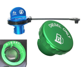 DOCA front view of green diesel and blue DEF caps showing durable finish and fit