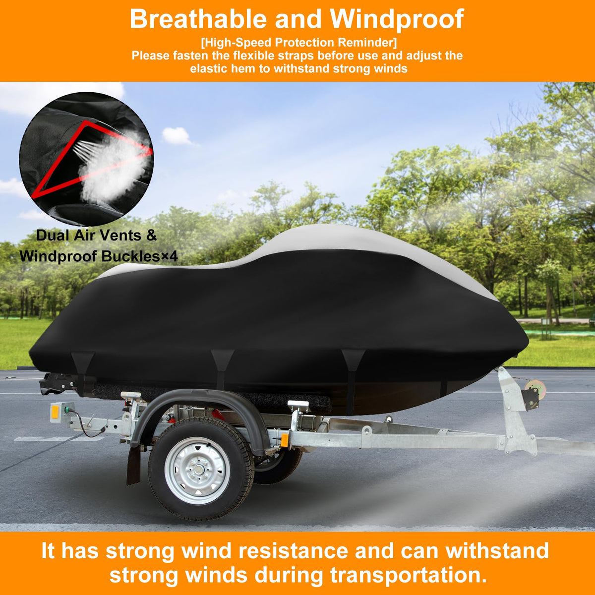 DOCEPERT jet ski covered on trailer during transport for road protection