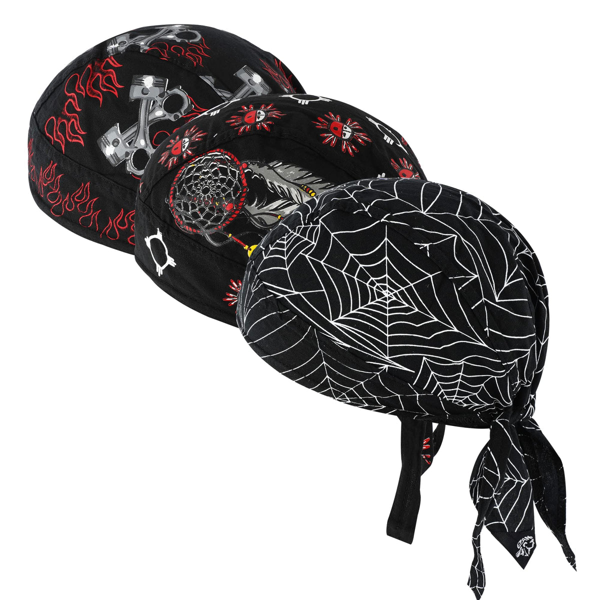 DOCILA front view of three-pattern durags showing spider feather flame variety and stylish protection