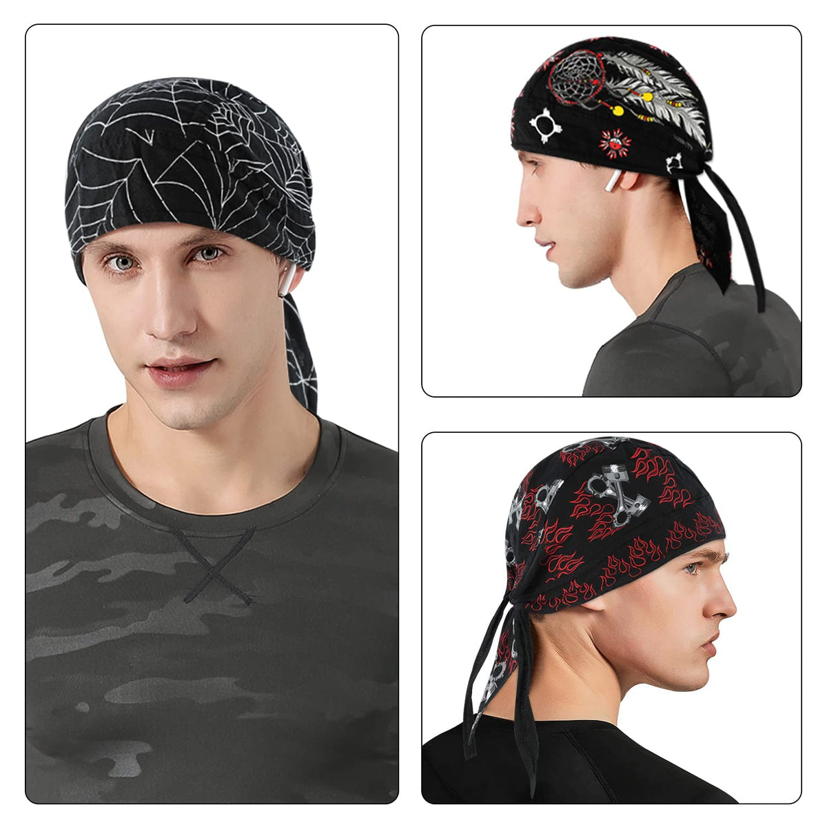 DOCILA durag worn under a motorcycle helmet demonstrating secure fit and sweat control