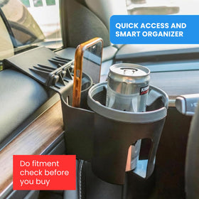 DockCharged holding a large 40oz tumbler steady on a car door for spill prevention
