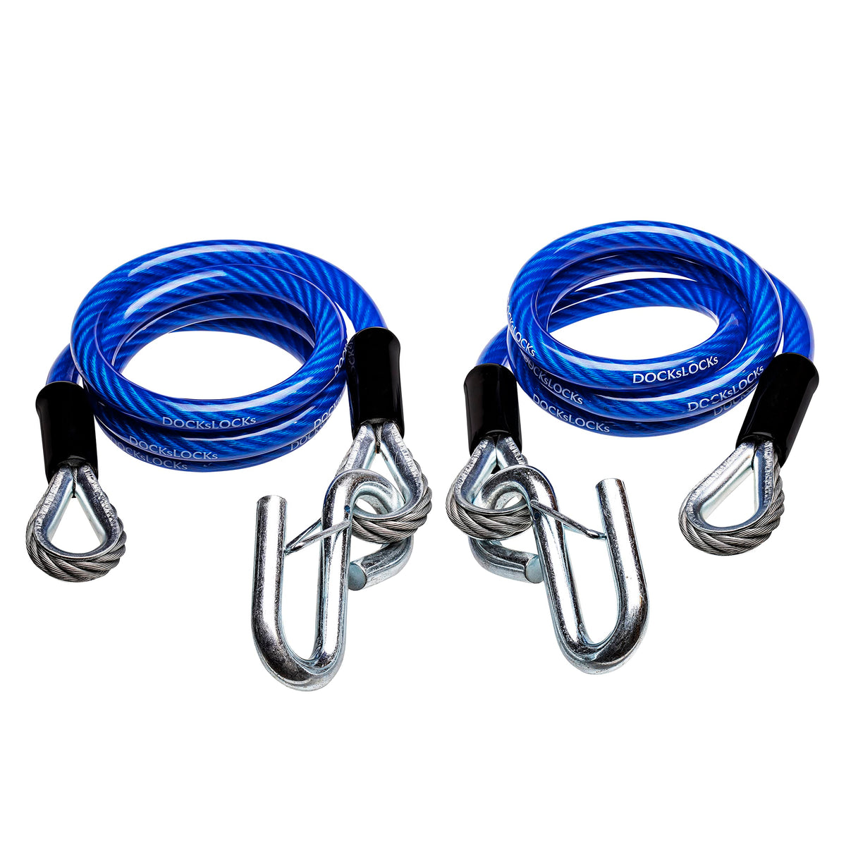 DocksLocks front view of cable pair showing compact packaging and warranty benefits