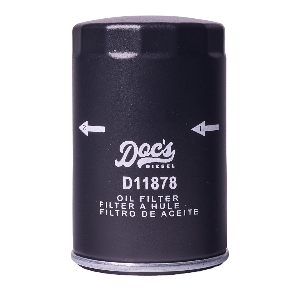 Doc's Diesel D11878 oil filter top label view showing model and sealing surface for confident installation
