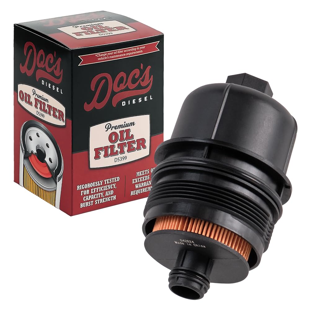 Doc's Diesel front view oil filter showing compact, direct-fit design and reliability