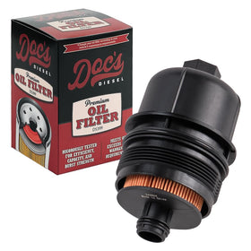 Doc's Diesel front view oil filter showing compact, direct-fit design and reliability