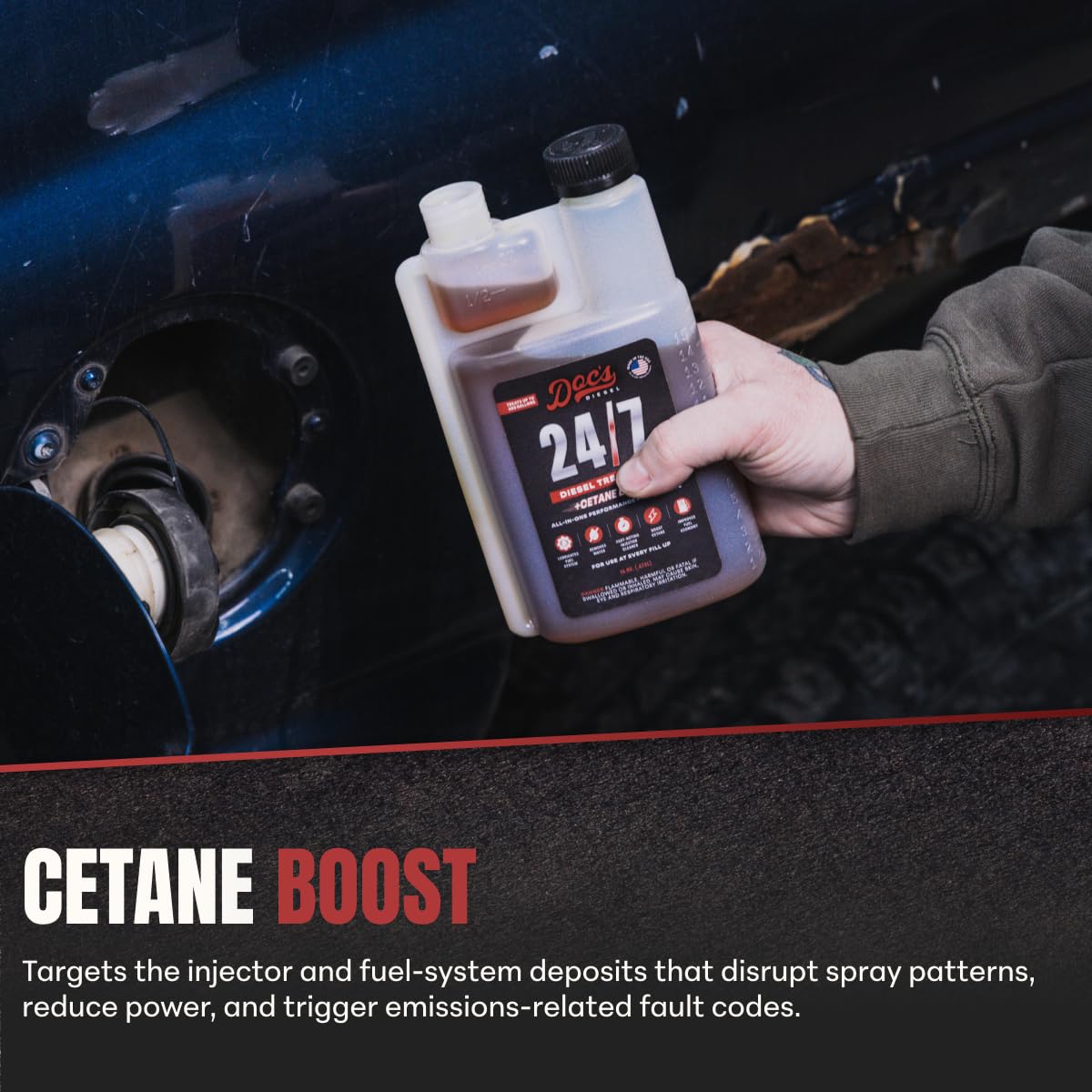 Doc's Diesel measuring 1 oz dose beside a fuel can for accuracy