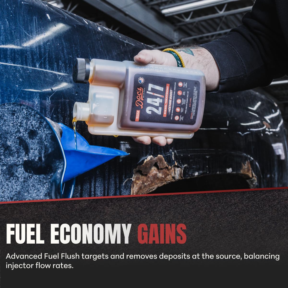 Doc's Diesel being added to a pickup fuel tank for improved starts