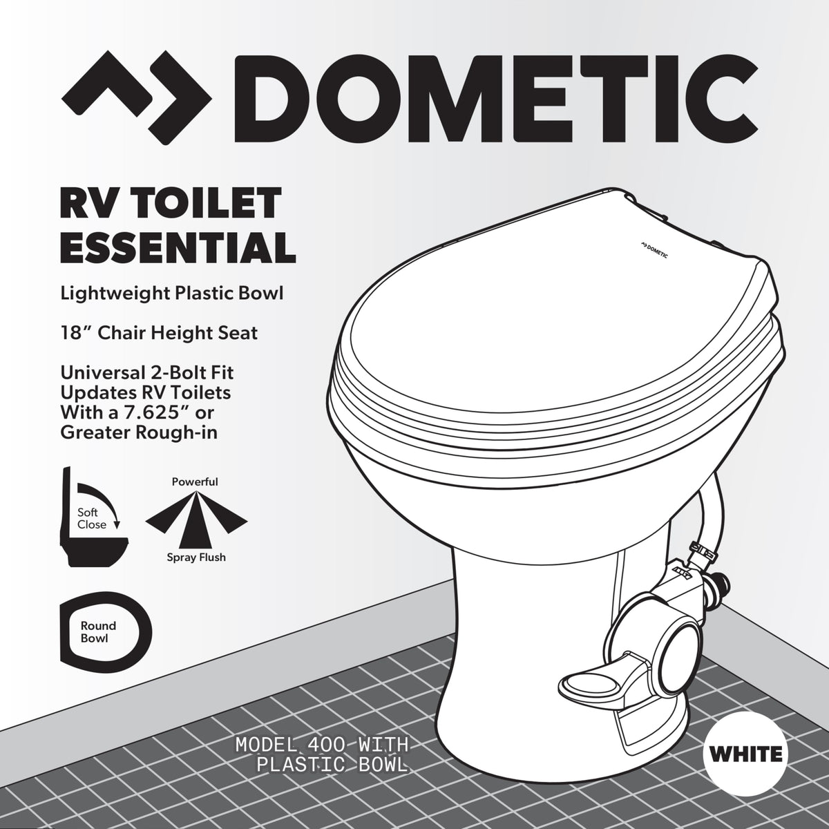 Dometic Model 400 next to ruler showing 18-inch chair height for home-like ergonomics