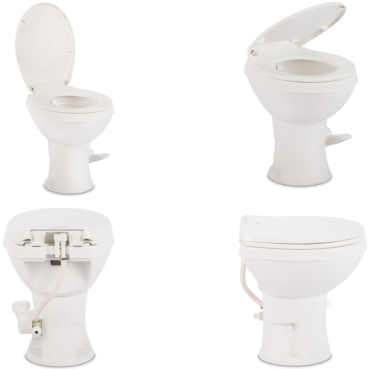 Dometic Model 400 soft-close seat detail highlighting quiet closing and safety
