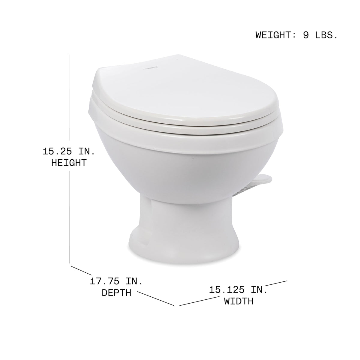 Dometic Model 401 flush action detail showing efficient, quiet rinsing